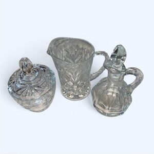 Anchor Hocking Clear Cut Glass Sugar Bowl, Creamer Pitcher